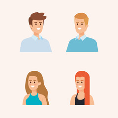 set of men and woman head with hairstyle and casual clothes