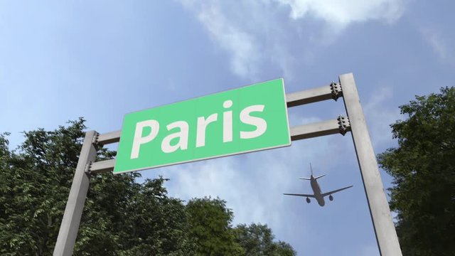 Airliner landing in Paris, France. 3D animation