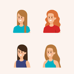set of happy women head with hairstyle and casual clothes