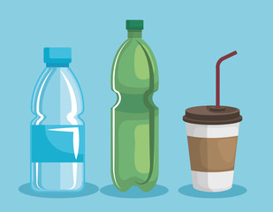 set of plastic cup and bottles over blue background