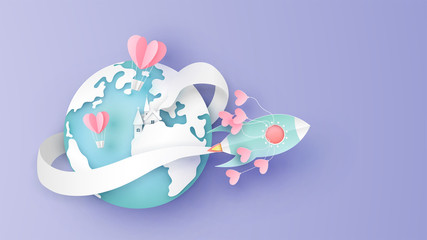 Travel around the world on valentine's day. Honeymoon travel. paper cut and craft style. vector, illustration.