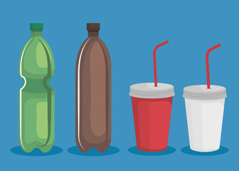 set of toxic plastic bottles and cups waste over blue background