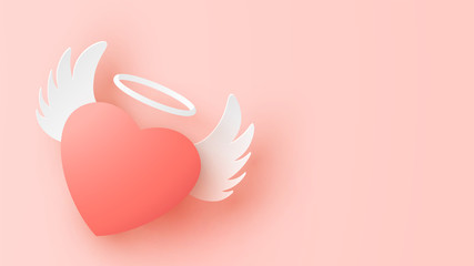 Fototapeta na wymiar Illustration of heart with wings on Valentine's day and place for your text space. pastel background. paper cut and craft style. vector, illustration.
