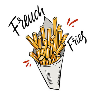 French fries cartoon styel. Hand drawn vector illustration. Isolated on white background.