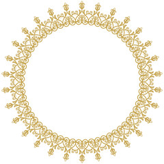 Oriental round golden frame with arabesques and floral elements. Floral border with vintage pattern. Greeting card with place for text