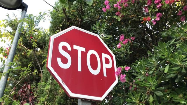 Stop sign with flowers, green trees and bushes around