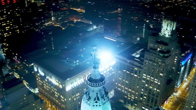Incredible aerial coverage of the William Penn statue that sits a top City Hall in downtown Philadelphia, PA