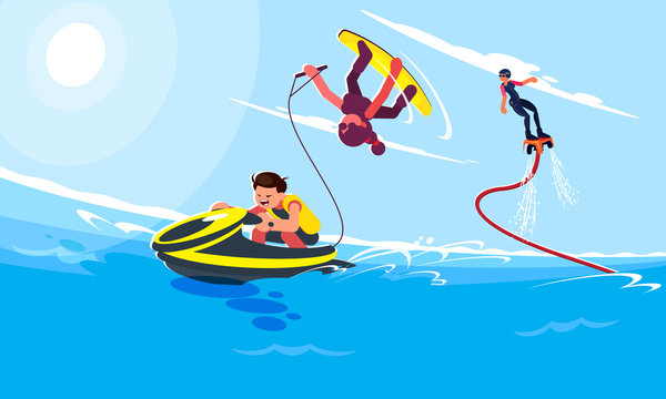 Flat style illustrations of characters in popular summer beach activities and water activities. Guy rides a water scooter and girl follows him and does a trick on a wakeboard. Flyboardist flies up