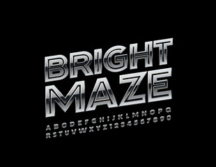 Vector Bright Maze Metallic Font. Uppercase Silver Alphabet Letters and Numbers 