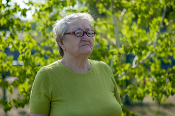 Elderly woman in yellow T-shirt and glasses posing in front of camera against background of bright green birch leaves