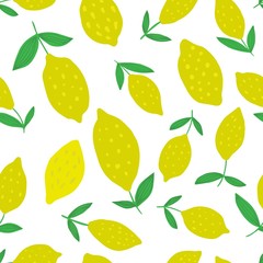 Hand drawn Lemon seamless pattern with leaves.