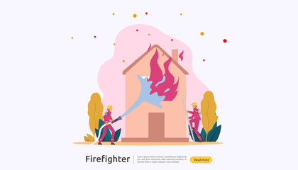 Firefighter using water spray from hose for fire fighting burning house. fireman in uniform, fire department rescuer. illustration for web landing page, banner, presentation, promotion or print media.
