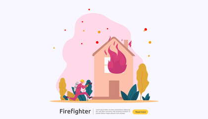 Firefighter using water spray from hose for fire fighting burning house. fireman in uniform, fire department rescuer. illustration for web landing page, banner, presentation, promotion or print media.