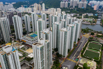 Fototapeta na wymiar Drone fly over city in Hong Kong