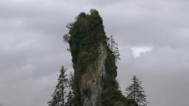 A tilt reveal of New Eddystone Rock: A rock isle in an Alaskan fjord featuring surrounding vegetation and ocean.