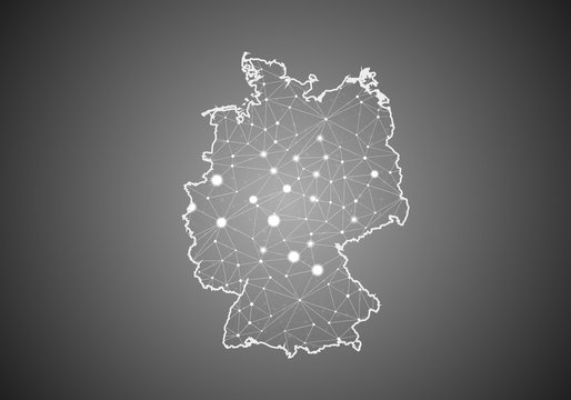 Vector wireframe mesh polygonal of germany map. Abstract global connection structure. Map connected with lines and dots. Geometric world concept.  digital data visualization, infographics.