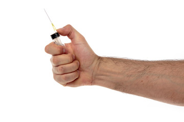 Male hand with a syringe with clear liquid isolated on white