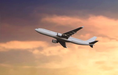 Fototapeta na wymiar Passenger airplane flying during sunset