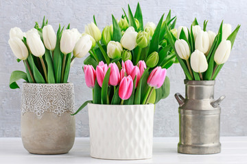 Pink and white tulips on the table