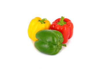 Sweet (bell) pepper red, yellow and green. Colored paprika (pepper) isolated on a white background