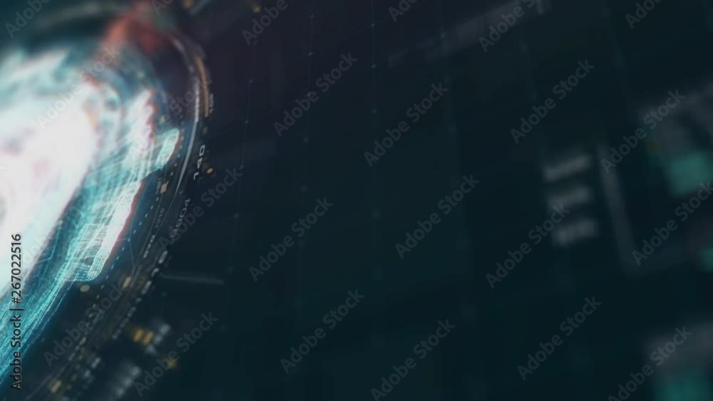 Poster Advance motion graphic futuristic user interface head up display screen with Holographic electromagnetic machine with gravitational fields energy particles wave and digital data telemetry information 