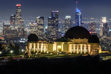 Griffith Observatory and Downtown Los Angeles skyline at night