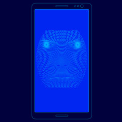 Vector illustration of a phone with an abstract face on the screen. User recognition by face