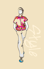 Stylish fashion man. Stylish handsome man in fashion clothes. Sketches on a brown background. Vector illustration.