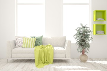 Stylish room in white color with sofa. Scandinavian interior design. 3D illustration