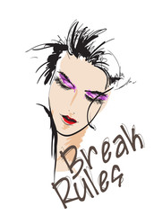 Fashion girls face. Woman face. Hand-drawn fashion model. Girl face on a white background. Break rules.