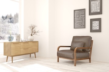 Stylish room in white color with armchair. Scandinavian interior design. 3D illustration