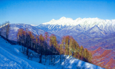 Beautiful view of the mountain peaks on a sunny day. Sochi, Russ