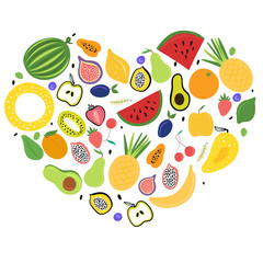 Fresh colourful fruit arranged in heart. Vector illustration.