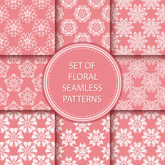 Compilation of floral patterns. White design with flowers on pale pink background