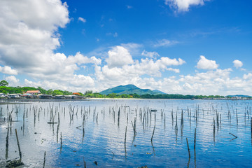 Obraz premium Incredible white clouds above the bright blue sea and green mountains on sunny days