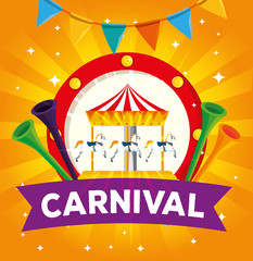 label of carnival merry go round and trumpets with party banner