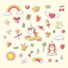 Unicorn Sticker with heart, clouds, rainbow, sun, moon and more. Set of cute cartoon characters. Vector collection for stickers, patches, badges, pins. Hand drawn style doodle