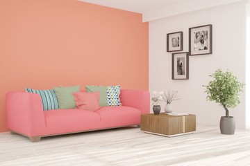 Stylish room in coral color with sofa. Scandinavian interior design. 3D illustration