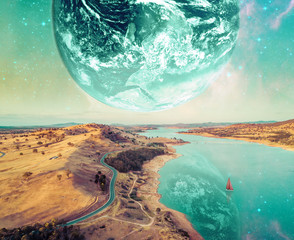 Unreal fantasy landscape of sailboat sailing across a river on alien planet. Elements of this image...