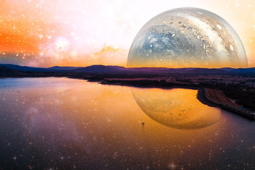 Fantasy landscape of lonely boat sailing across scenic lake on alien planet. Elements of this image furnished by NASA