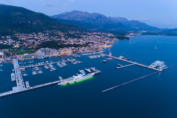 Aerial view of Porto Montenegro in Tivat at dusk