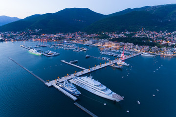 Aerial view of Porto Montenegro in Tivat at dusk - obrazy, fototapety, plakaty