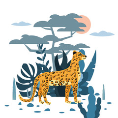 Cute leopard, plant and tree background, graphic trend style, animal predator mammal, jungle