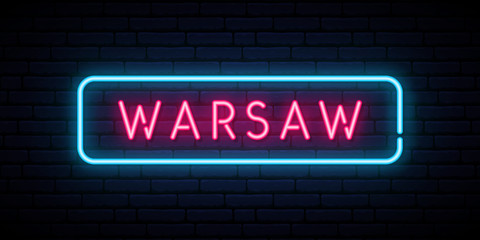 Fototapeta premium Warsaw neon sign. Bright light signboard. Vector banner.