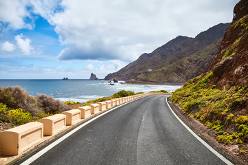 Scenic road at the Macizo de Anaga mountain range, Atlantic Ocean coast of Tenerife, Spain.