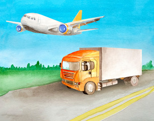 Obraz na płótnie Canvas A orange truck with a grey body carries cargo on an asphalt road past the meadow and woods on the horizon in summer and a clear cloudless day in watercolor style for the image of transport logistics
