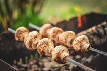 Mushrooms cook on burning coals