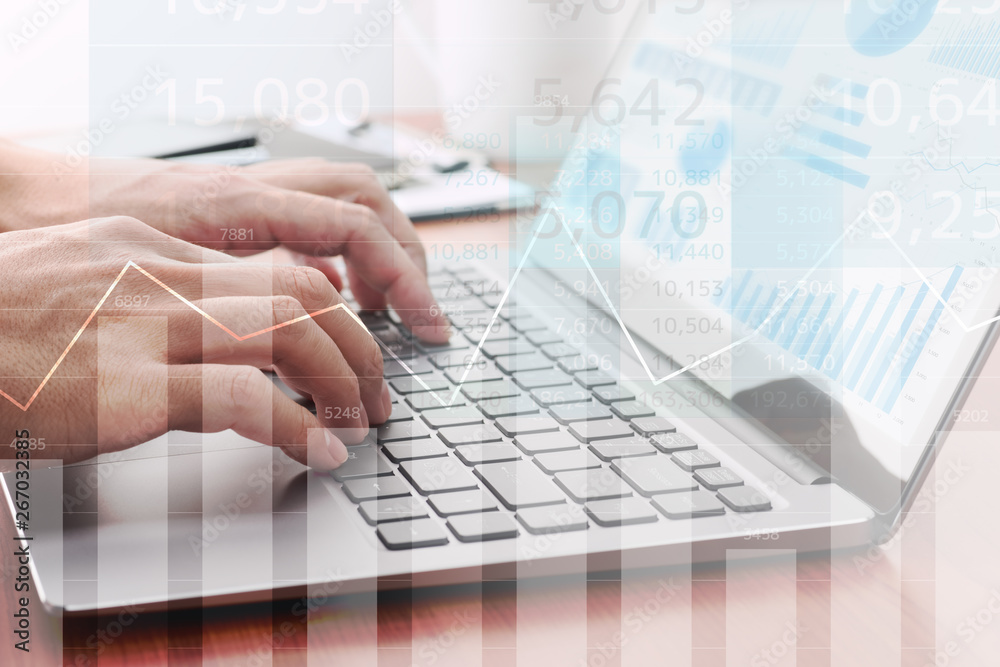 Poster Analyzing statistical data. Using laptop for calculation.Businessman preparing reports. Many graphs and charts.