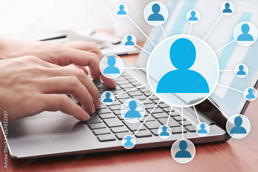 Aufkleber Using internet for communication. Online people network structure. Businessman sending email by laptop.