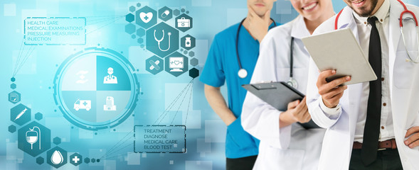 Health Insurance Concept - Doctor in hospital with health insurance related icon graphic interface...